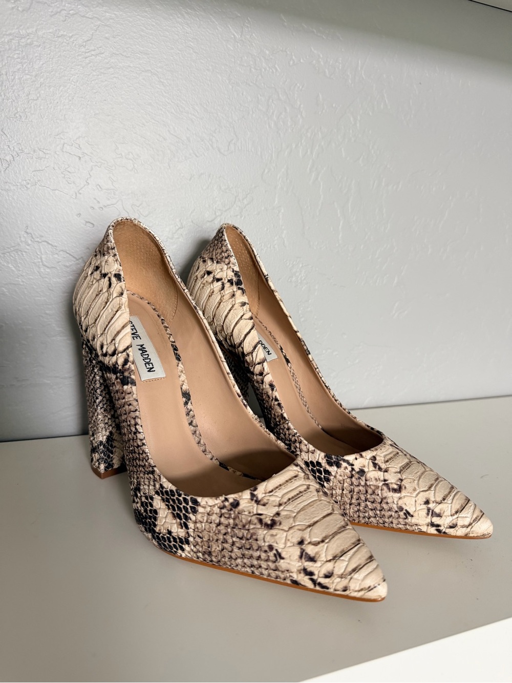 Steve Madden Neutral Snake-Print Pointed Block Heel Pumps